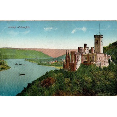 CPA château de Stolzenfels près de Coblence dominant le Rhin avec bateaux, Allemagne, vue colorisée