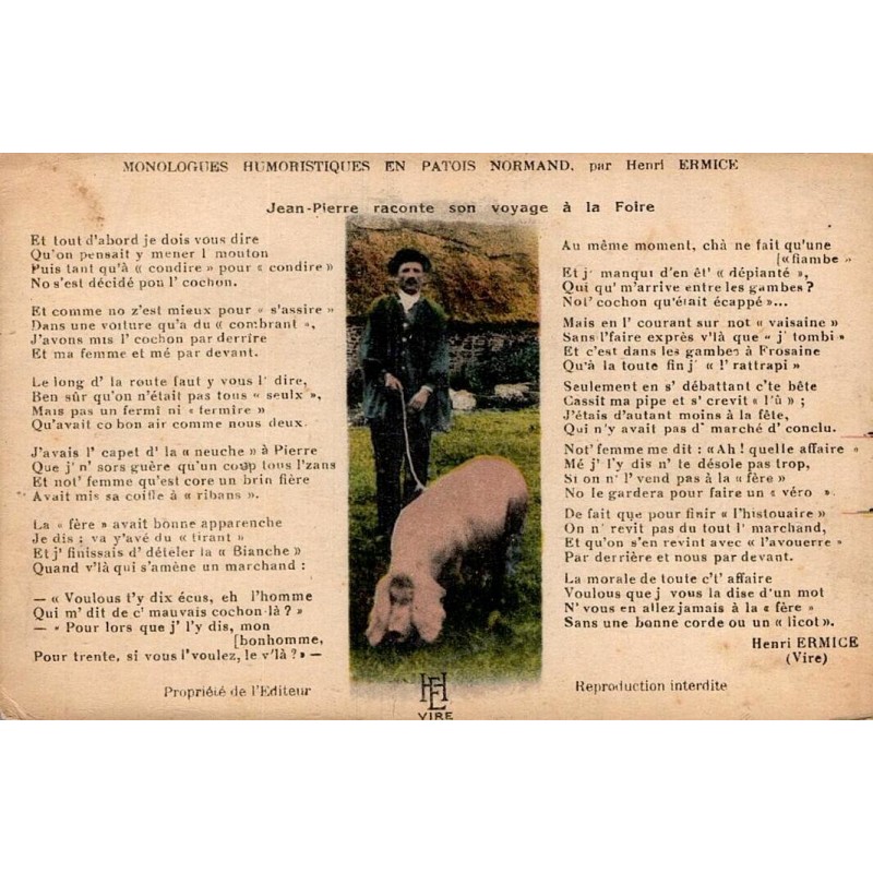 CPA Vire monologue humoristique en patois normand Henri Ermice, Jean-Pierre à la foire avec son cochon