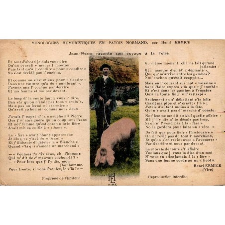 CPA Vire monologue humoristique en patois normand Henri Ermice, Jean-Pierre à la foire avec son cochon
