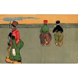 CPA humoristique personnages pantalons rapiécés illustration ancienne 1928