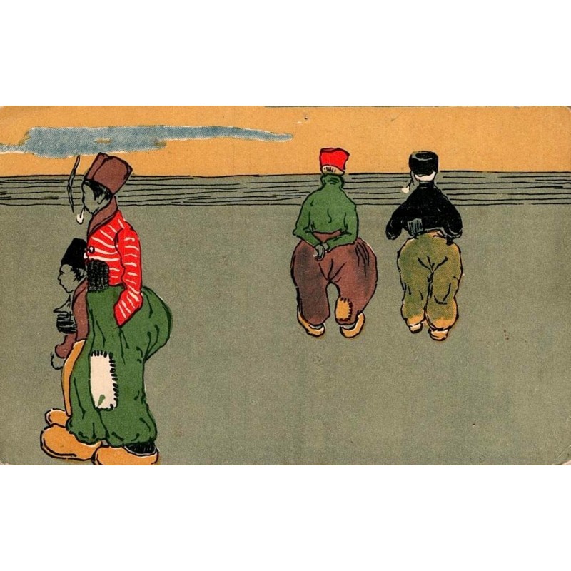 CPA humoristique personnages pantalons rapiécés illustration ancienne 1928