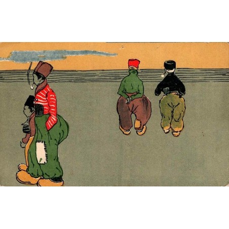 CPA humoristique personnages pantalons rapiécés illustration ancienne 1928