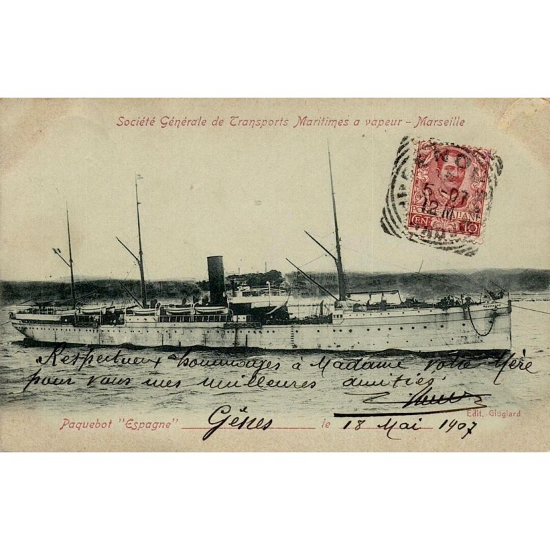 CPA Marseille paquebot Espagne Société Générale de Transports Maritimes circulée en 1907