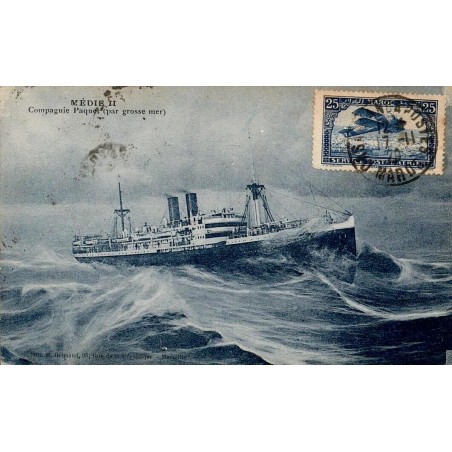 CPA Maroc paquebot Médie II Compagnie Paquet par grosse mer, timbre postal aérien de Casablanca