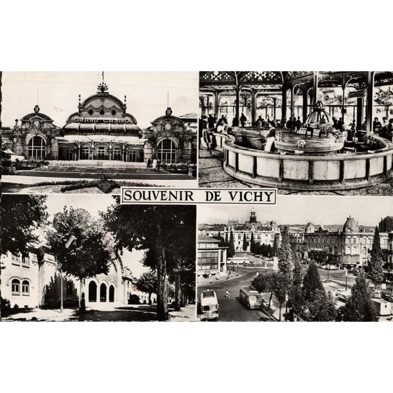 Carte postale ancienne – Souvenir de Vichy : Casino, Source Chomel, établissement thermal, Hôtel de Ville