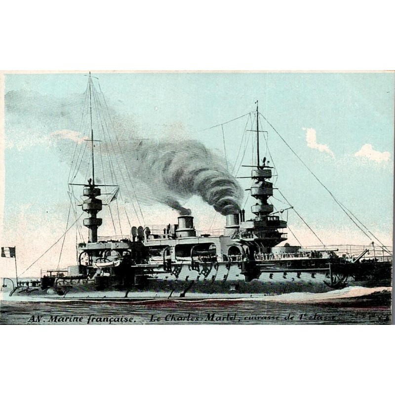CPA cuirassé Charles Martel de la Marine française en navigation, ancienne carte postale colorisée