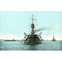 CPA cuirassé Jauréguiberry de la Marine française, vue de face colorisée vers 1905