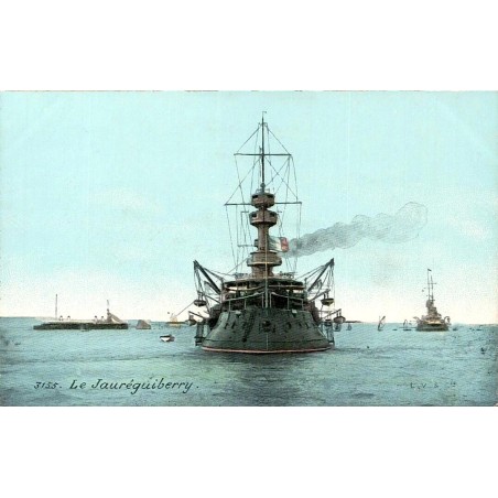 CPA cuirassé Jauréguiberry de la Marine française, vue de face colorisée vers 1905