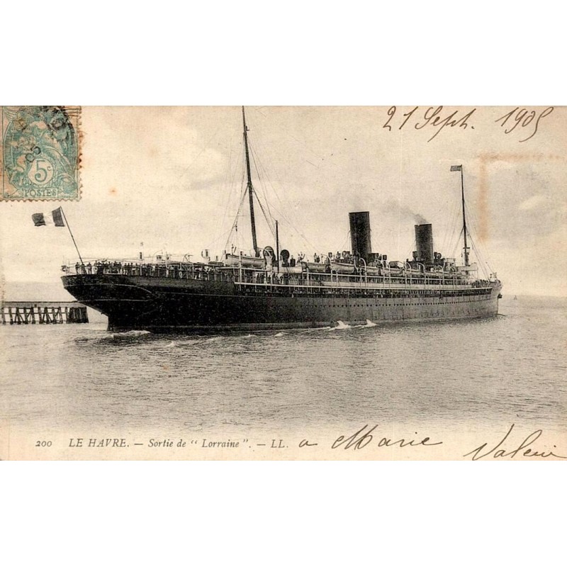 CPA Le Havre sortie du paquebot La Lorraine en navigation, carte LL n° 200 datée 1905