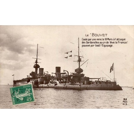 CPA cuirassé Bouvet coulé aux Dardanelles le 18 mars 1915, A. Noyer Paris n°413