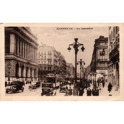 CPSM Marseille La Canebière animée avec tramway et automobiles en 1932