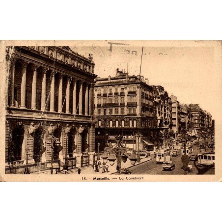 CPSM Marseille Canebière et Palais de la Bourse avec tramways, circulée en 1939