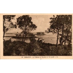 CPA Carantec Château du Taureau et Île Louët avec phare vus à travers les pins