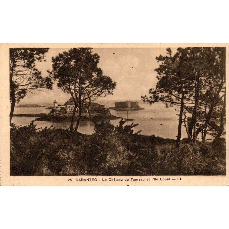 CPA Carantec Château du Taureau et Île Louët avec phare vus à travers les pins