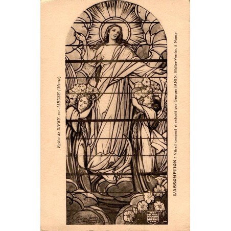 Carte postale ancienne du vitrail de l’Assomption de l’Église de Sivry-sur-Meuse par Georges Janin