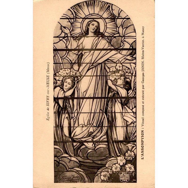 Carte postale ancienne du vitrail de l’Assomption de l’Église de Sivry-sur-Meuse par Georges Janin