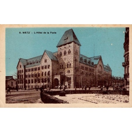 CPSM Metz Hôtel de la Poste, bâtiment monumental près de la gare, carte colorisée de 1933