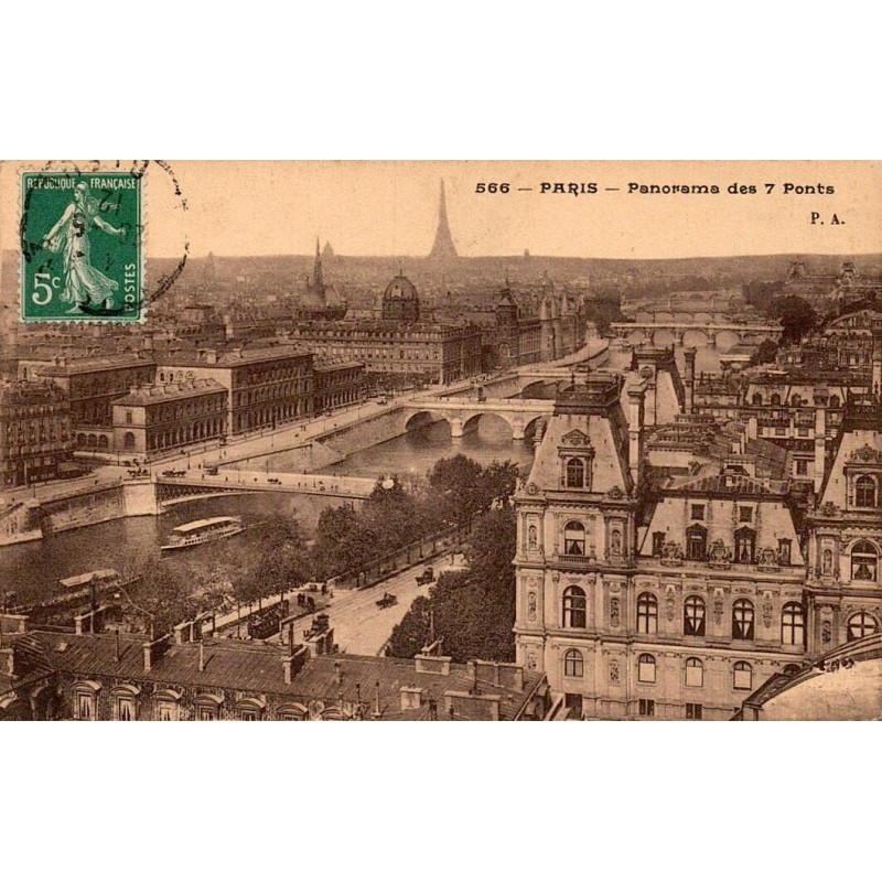 CPA Paris panorama des 7 ponts sur la Seine avec timbre vert au recto