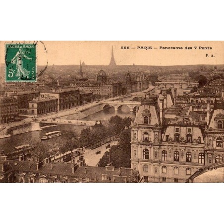 CPA Paris panorama des 7 ponts sur la Seine avec timbre vert au recto