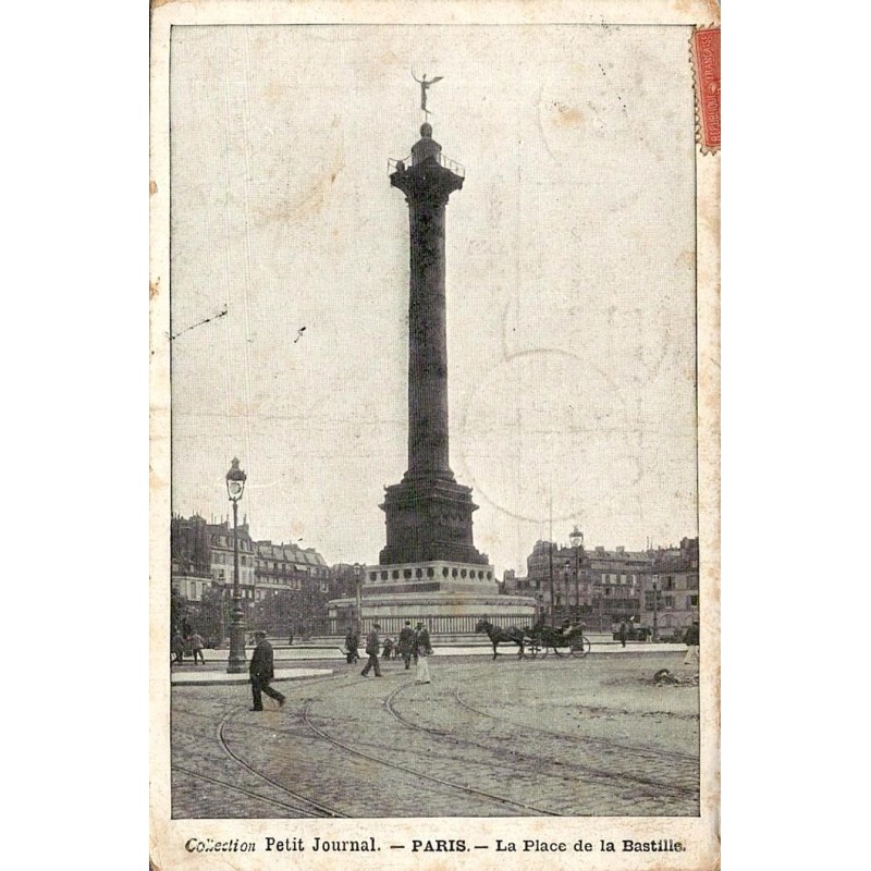 CPA Paris place de la Bastille colonne de Juillet fiacre et rails