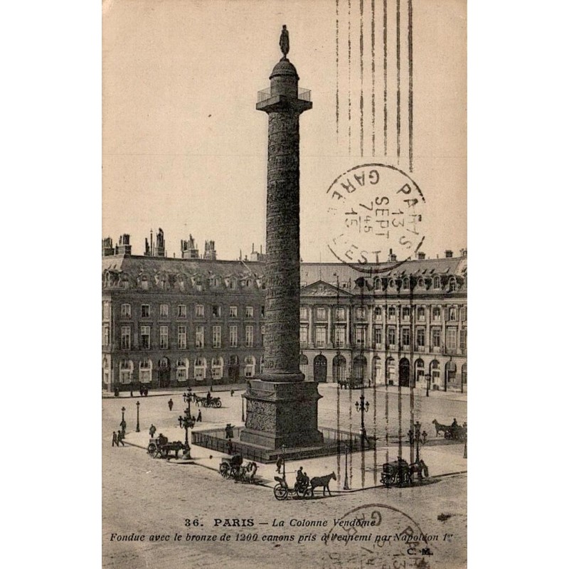 CPA Paris place Vendôme colonne Vendôme attelages carte circulée en 1915