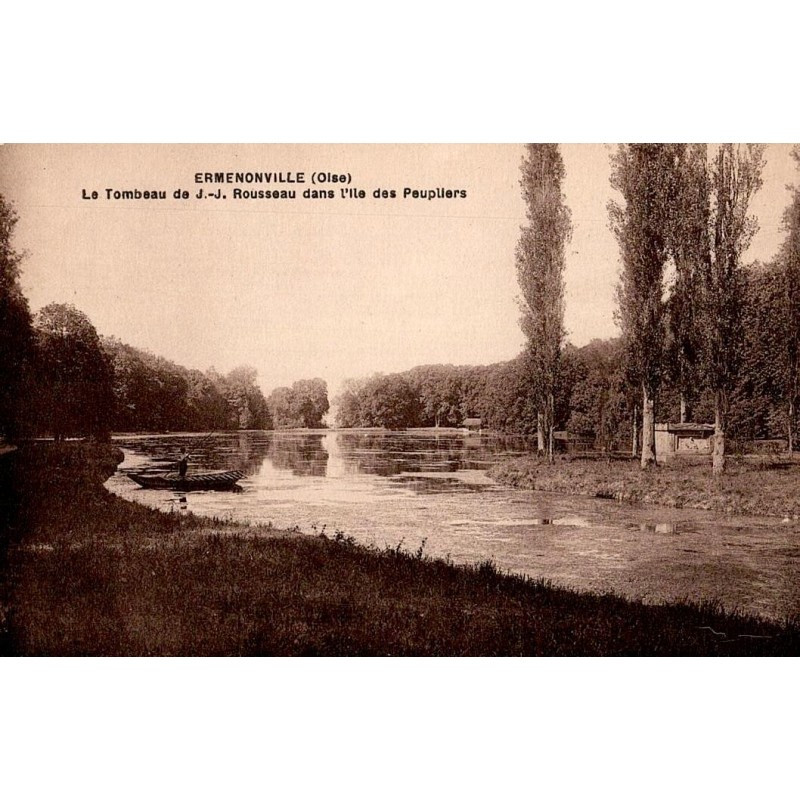 Carte postale ancienne du tombeau de Jean-Jacques Rousseau dans l’Île des Peupliers à Ermenonville