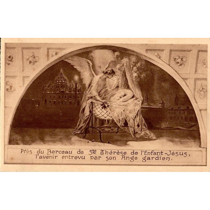 Carte postale ancienne de la fresque de la chapelle de Sainte-Thérèse de l’Enfant Jésus à Alençon