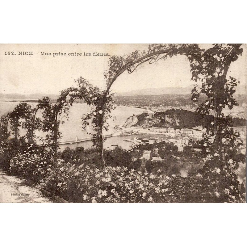 CPA Nice vue entre les fleurs sur le port et la baie datée 1919