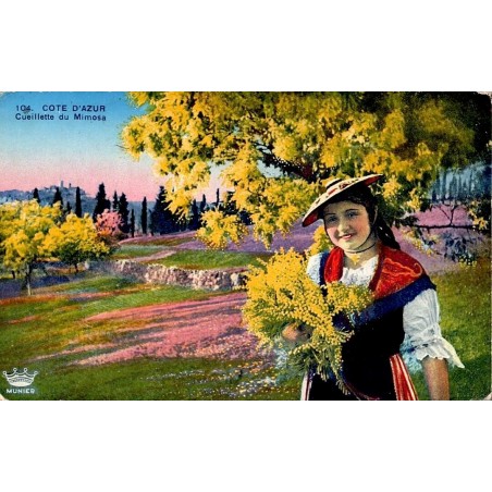 CPSM Côte d’Azur cueillette du mimosa, femme en costume traditionnel, 1941