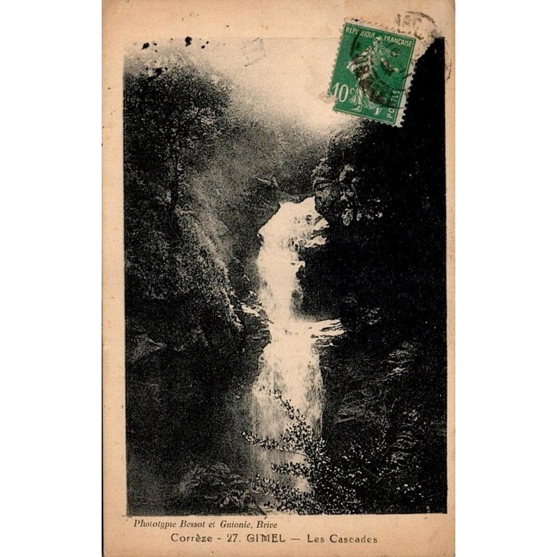 CPA Gimel-les-Cascades en Corrèze, cascade et timbre Semeuse 10 c vert