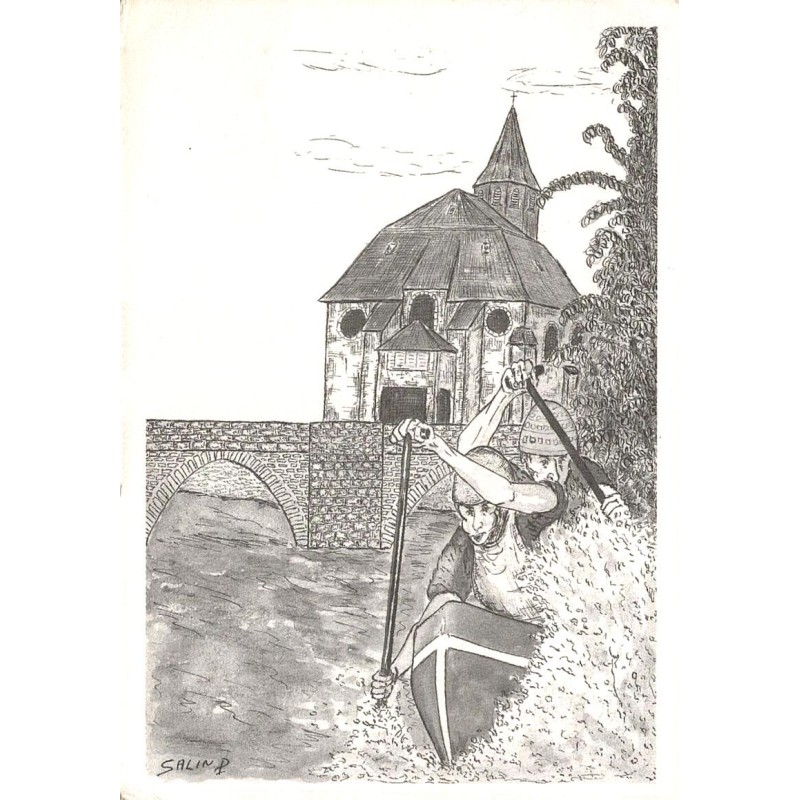 CPM Treignac canoë sur la Vézère et patrimoine, dessin de P. Salin