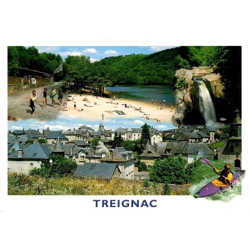 CPM Treignac Corrèze multivues ville plage cascade et kayak sur la Vézère