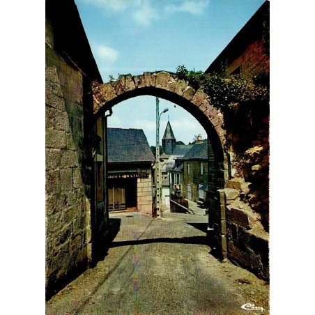 CPSM Treignac-sur-Vézère Corrèze vieille porte en pierre et vue sur la cité
