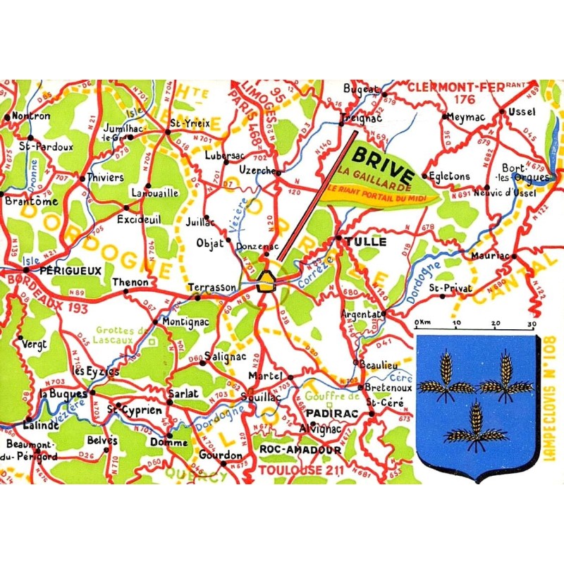 CPSM Brive-la-Gaillarde carte routière touristique Corrèze et environs