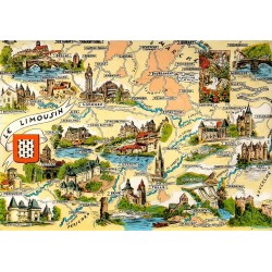 CPSM carte illustrée du Limousin avec villes, châteaux et monuments de Corrèze, Creuse et Haute-Vienne