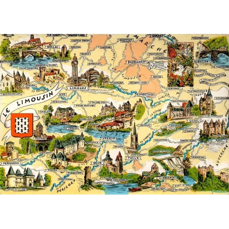 CPSM carte illustrée du Limousin avec villes, châteaux et monuments de Corrèze, Creuse et Haute-Vienne