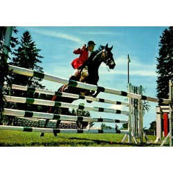 CPSM Pompadour concours hippique, cavalier franchissant un obstacle à cheval