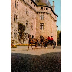 CPSM Pompadour charrette anglaise attelée en tandem devant le château du Haras