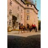 CPSM Pompadour charrette anglaise attelée en tandem devant le château du Haras