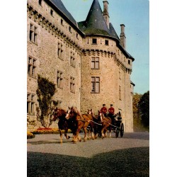 CPSM Pompadour attelage de quatre étalons bretons devant le château du Haras