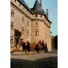 CPSM Pompadour attelage de quatre étalons bretons devant le château du Haras