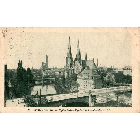 Carte postale ancienne de Strasbourg montrant l’église Saint-Paul et la cathédrale
