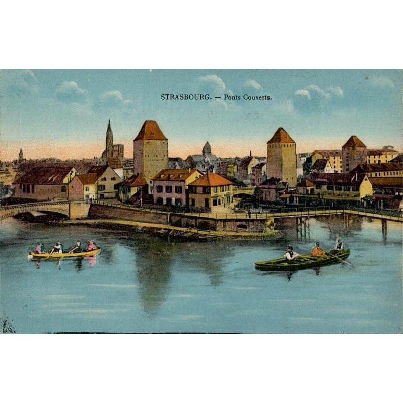 Carte postale ancienne montrant les Ponts Couverts à Strasbourg au bord de la rivière Ill