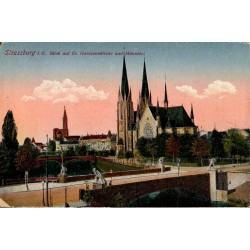Carte postale ancienne vue sur l’église de la Garnison et la Cathédrale de Strasbourg