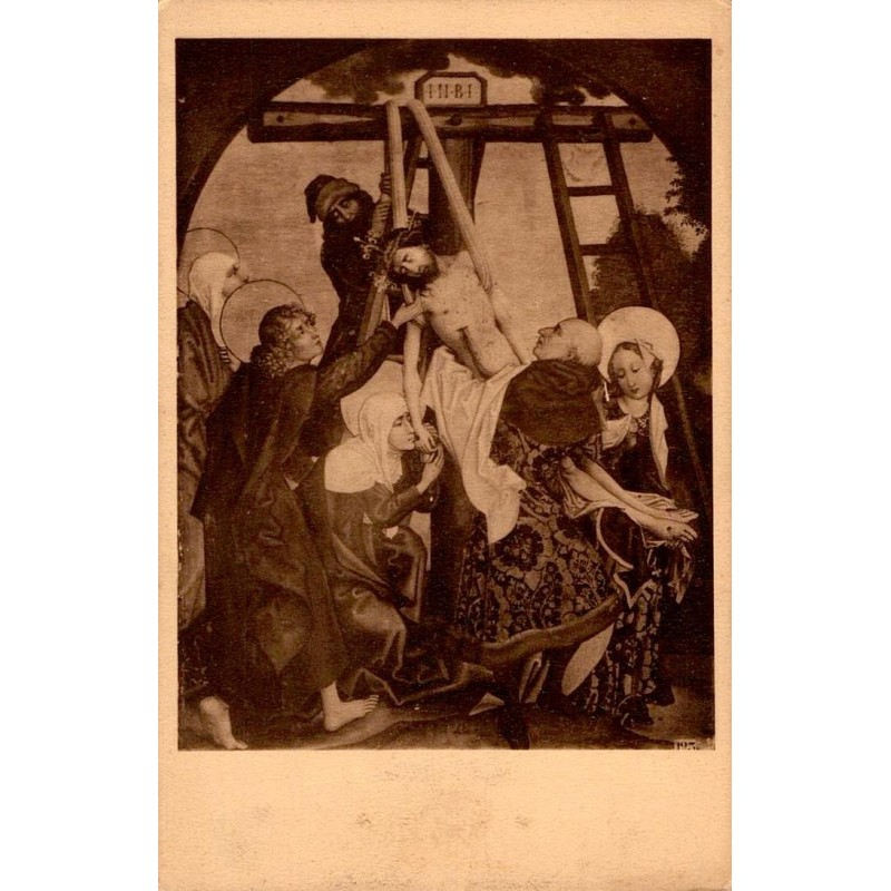 Carte postale ancienne du musée de Colmar représentant la Descente de Croix du Christ dans le style de Schongauer