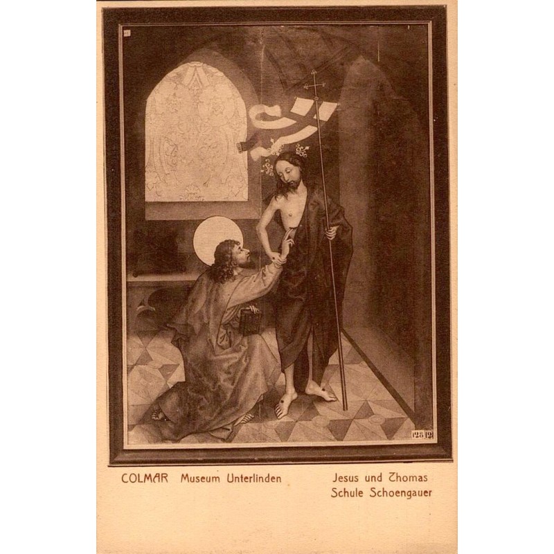 Carte postale ancienne du Musée Unterlinden à Colmar représentant Jésus et Thomas d’après Schongauer