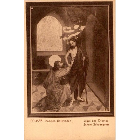 Carte postale ancienne du Musée Unterlinden à Colmar représentant Jésus et Thomas d’après Schongauer