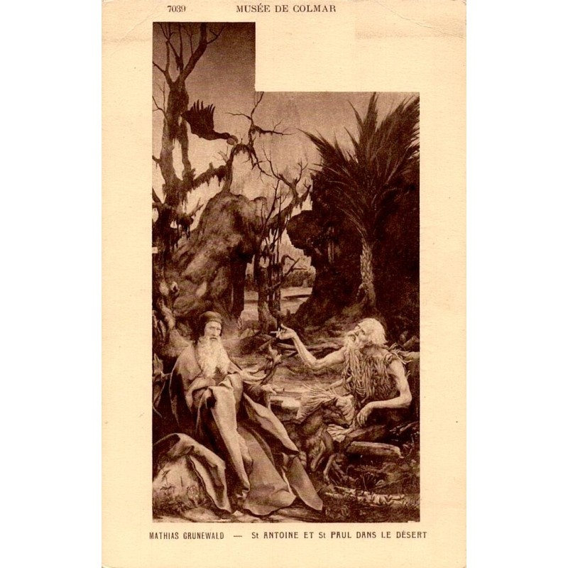 Carte postale ancienne du Musée de Colmar représentant Saint Antoine et Saint Paul dans le désert d’après Grünewaldt