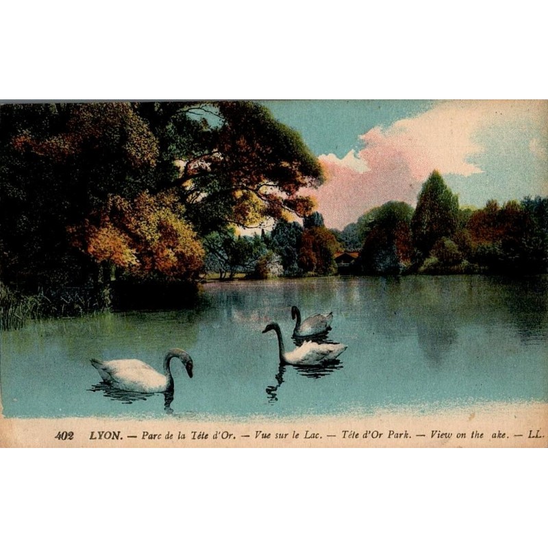 Carte postale ancienne du Parc de la Tête d’Or à Lyon montrant le lac aux cygnes