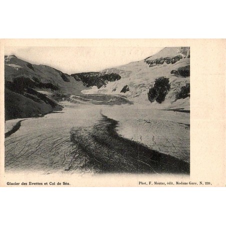 Carte postale ancienne montrant le Glacier des Évettes et le Col de Seá en haute montagne